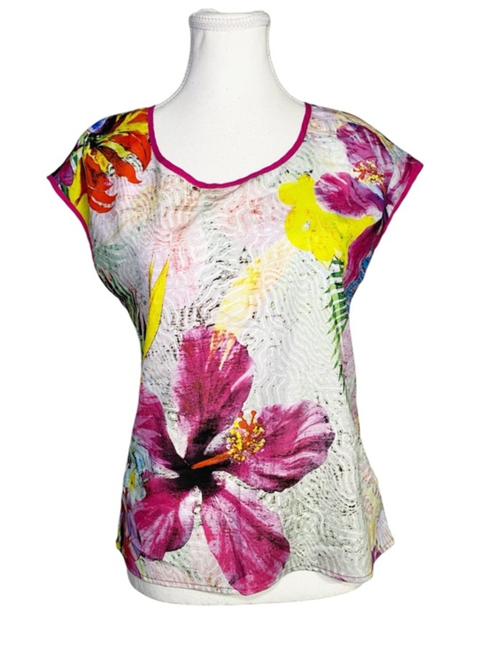 Eyeshadow Floral & Striped Mixed Print Cap Sleeve Blouse XS Made in USA